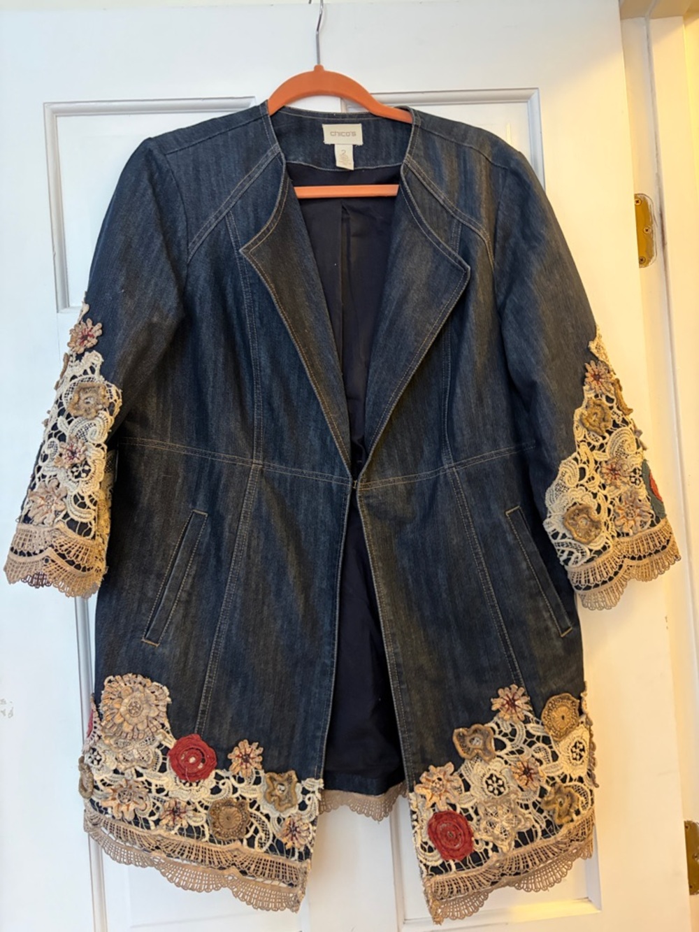 Chico's Dark Blue Denim Jacket with Beige Crochet & Red Floral Accents